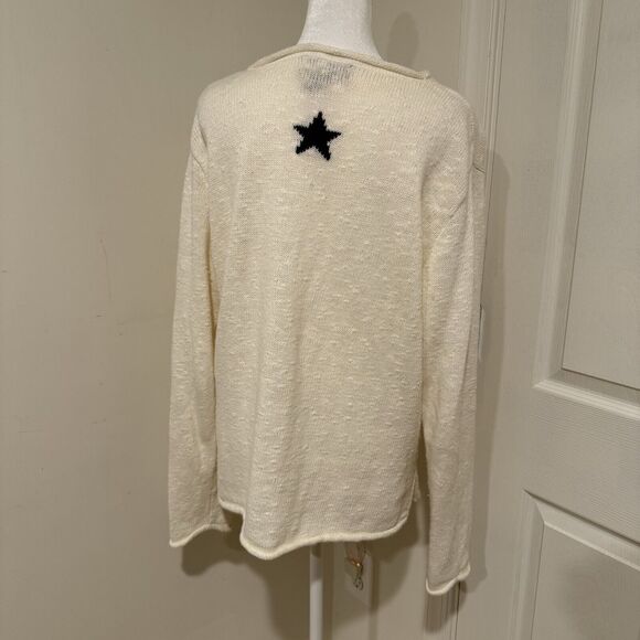 Denim & Co Sz L Ivory USA Star Antique Flag Art-to-Wear Sweater - Picture 4 of 9